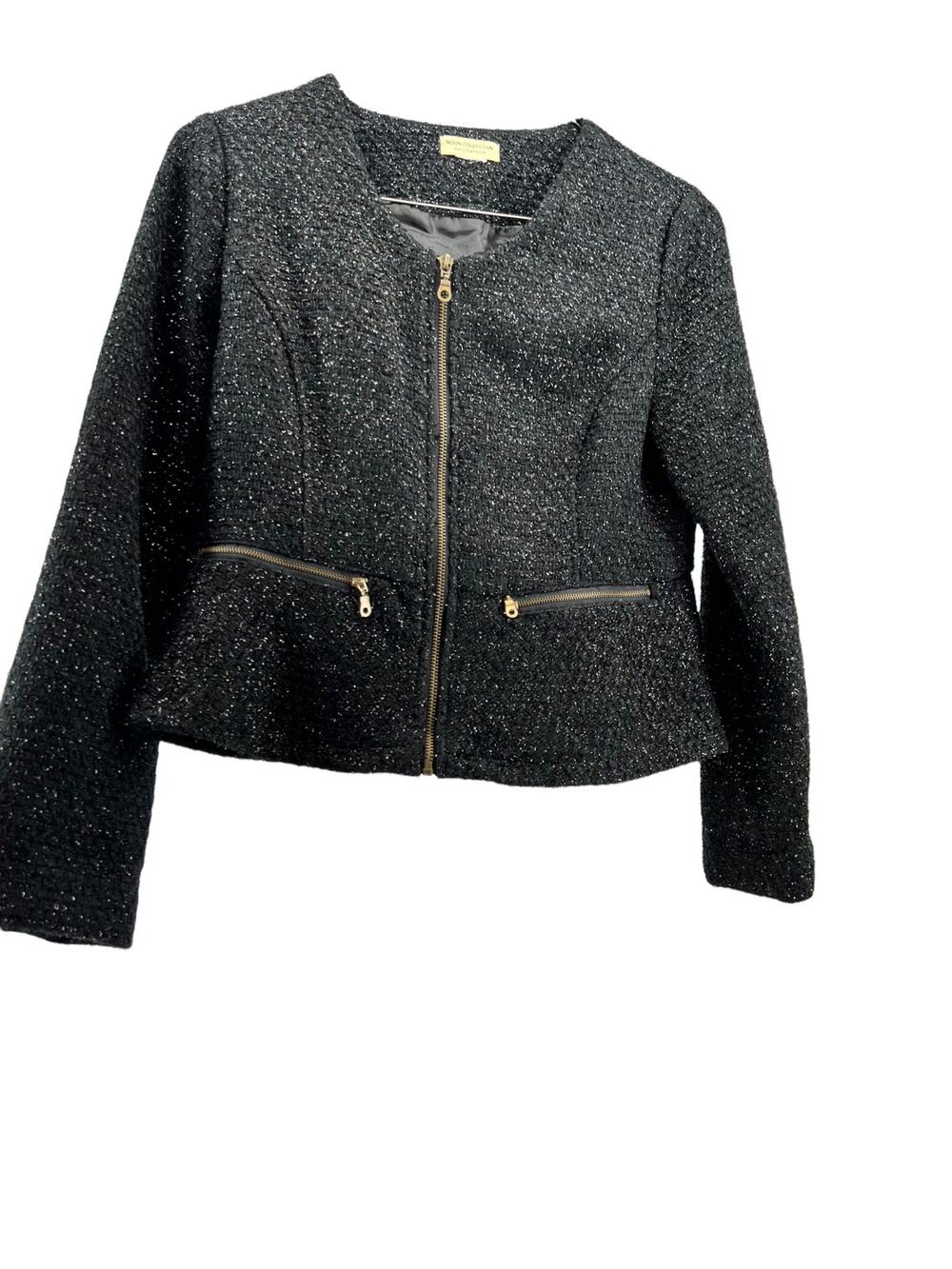 Moon Collection Black Metallic Tweed Full Zip Jacket Women's